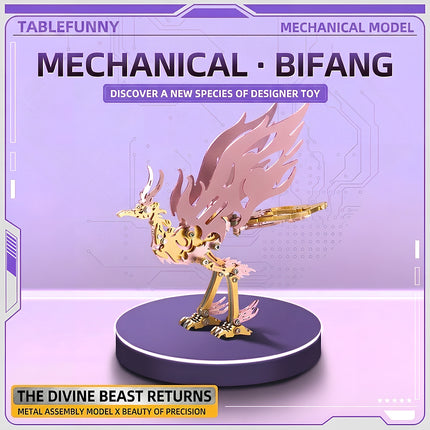 Tablefunny product banner for the Mechanical Bi Fang bird metal assembly model, showcasing the pink and gold 3D puzzle on a purple display stage.