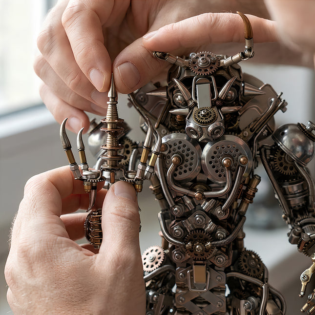 Hands assembling a Tablefunny mechanical steampunk bull warrior metal model, featuring intricate gear-driven armor and a metallic trident.