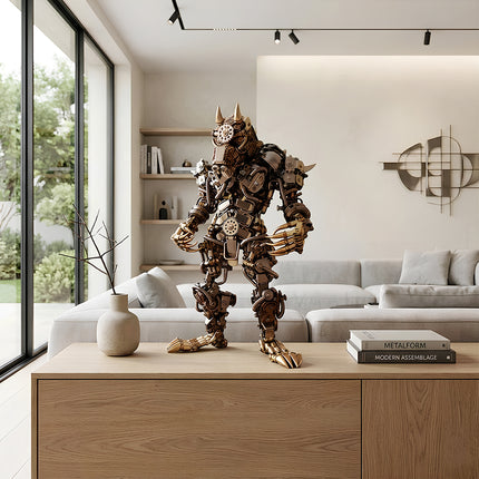 Tablefunny mechanical steampunk Bull Warrior metal model displayed on a light wood cabinet in a minimalist modern living room.