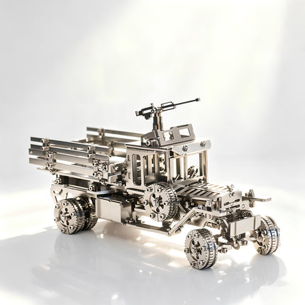Tablefunny mechanical steampunk military transport truck metal model, showcasing the detailed cargo bed and industrial rear wheel assembly.