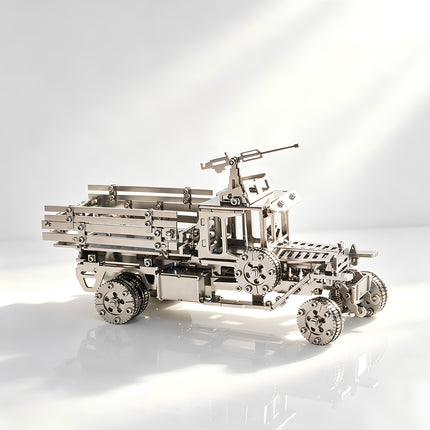 Tablefunny mechanical steampunk military truck metal model, highlighting the intricate cargo bed design and precision-cut steel plates.