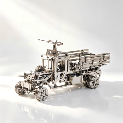 Tablefunny mechanical steampunk military truck metal model with a high-gloss silver finish and roof-mounted machine gun.