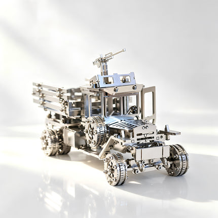 Tablefunny mechanical steampunk military truck metal model featuring a mirror-finish stainless steel body and a tactical machine gun.