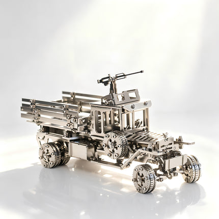 Heavy-duty steam punk mech vehicle from the Tablefunny 3D puzzle Metal Kits series, showcasing precision industrial engineering.