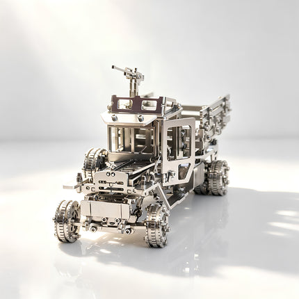 Rugged steam punk mech style transport vehicle from Tablefunny 3D puzzle Metal Kits, highlighting precision screw-and-nut assembly.