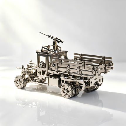 Tablefunny mechanical steampunk military truck metal model, highlighting the detailed cargo bed and robust industrial rear wheel assembly.