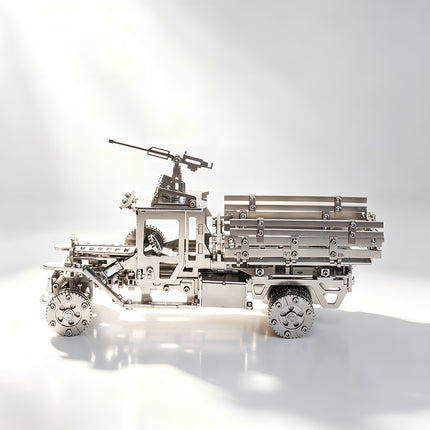 Side view of Tablefunny mechanical steampunk military truck metal model, featuring polished stainless steel plates and slatted cargo bed.