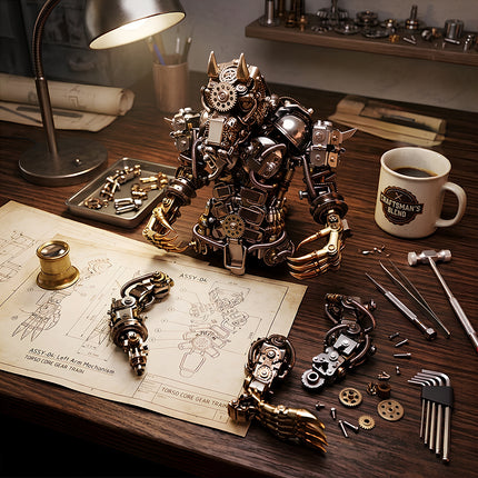 Tablefunny mechanical steampunk Minotaur assembly process, showing detailed engineering blueprints, precision tools, and intricate metal parts.