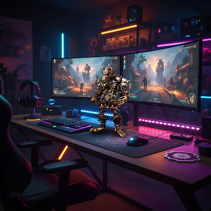 Tablefunny mechanical steampunk Minotaur metal model displayed as the centerpiece of an RGB-lit gaming desk setup.