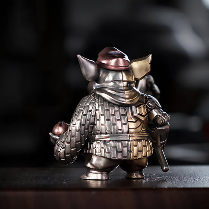 Back view of Tablefunny mechanical steampunk Pigsy metal model, highlighting the contrast between traditional armor and industrial cybernetic parts.