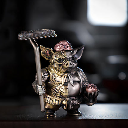 Tablefunny mechanical steampunk Pigsy metal model featuring a half-cybernetic face and traditional warrior armor holding a rake.