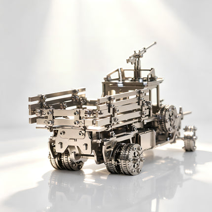 Rear perspective of Tablefunny mechanical steampunk military truck metal model, highlighting the slatted cargo bed and heavy-duty rear tires.