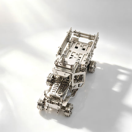 An intricate steampunk puzzle military transport vehicle by Tablefunny, designed as a sophisticated metal model for professional desktop display.