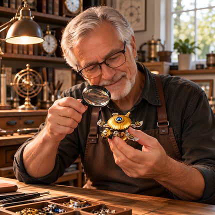 Elder craftsman examining steampunk puzzle metal model turtle with magnifying glass, mechanical steampunk 3D puzzle Metal Kits, steam punk mech metal model with delicate gear details