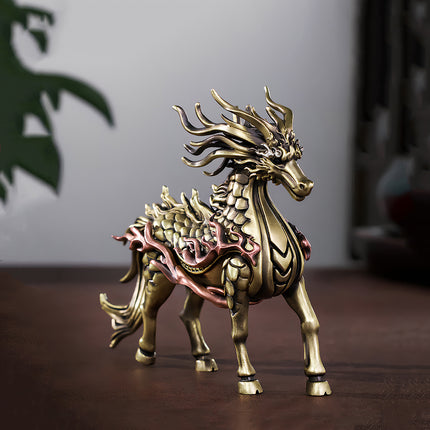 Tablefunny mechanical steampunk White Dragon Horse metal model in a dynamic front-facing pose, featuring intricate brass scales and copper flame details.