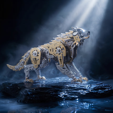 Tablefunny mechanical steampunk wolf metal model howling under a cinematic spotlight, showcasing the premium 3D puzzle Metal Kits textures.