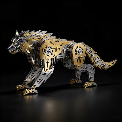 Tablefunny mechanical steampunk wolf metal model with golden and silver industrial armor, featuring intricate interlocking gears and bolt details.