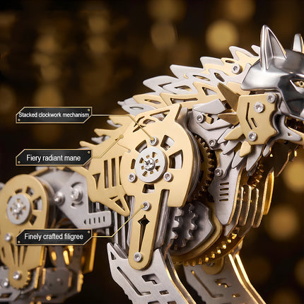 Close-up view of Tablefunny 3D puzzle Metal Kits, showcasing the mechanical steampunk wolf's stacked clockwork and industrial filigree.