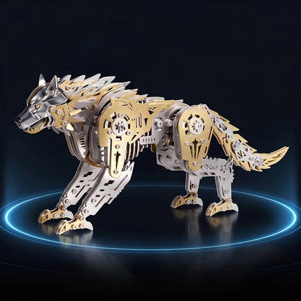 Tablefunny mechanical steampunk wolf metal model standing on a futuristic blue glowing platform with a premium gold and silver finish.