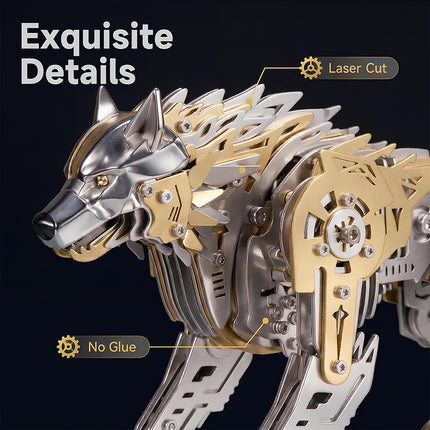 Close-up of Tablefunny mechanical steampunk wolf metal model highlighting precision laser cut details and no glue mechanical assembly.