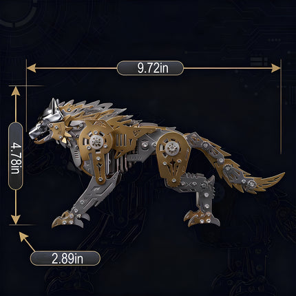 Tablefunny mechanical steampunk wolf metal model dimensions: 9.72in (Length) x 4.78in (Height) x 2.89in (Width), showing the impressive scale of this 3D kit.