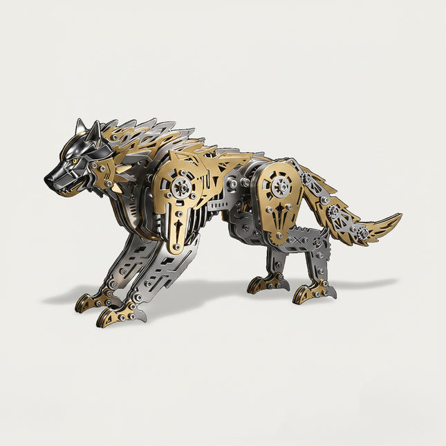 Tablefunny mechanical steampunk wolf metal model featuring intricate gold and silver industrial armor and interlocking gears.