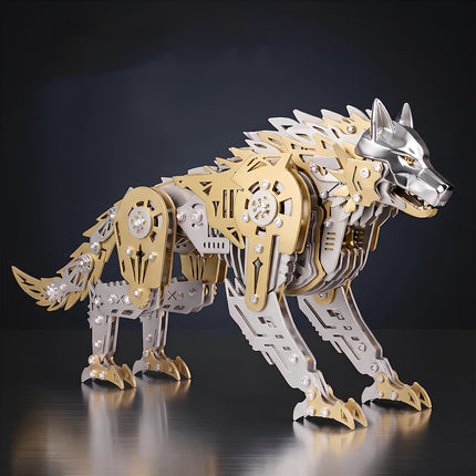 Detailed steam punk mech wolf figure from Tablefunny 3D puzzle Metal Kits, showcasing premium laser-cut metal textures.