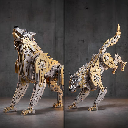 Tablefunny mechanical steampunk wolf metal model shown in two dynamic poses, howling and pouncing, to demonstrate its articulated movable joints.