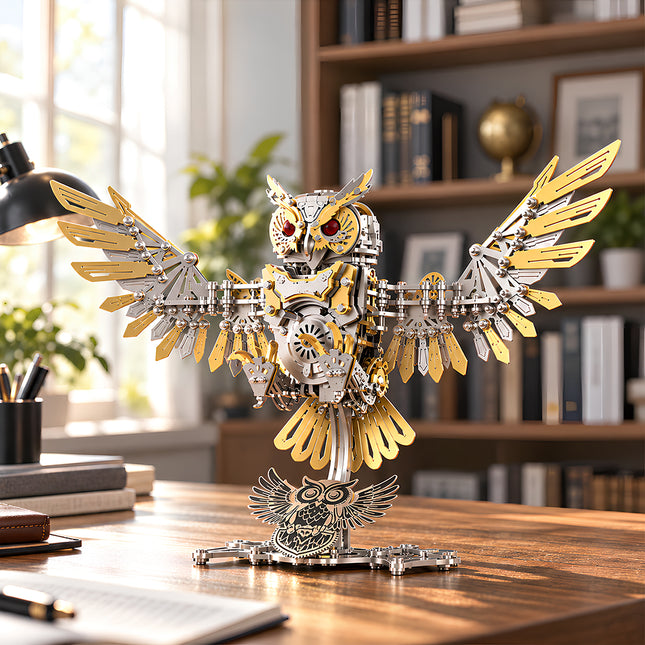 Metal Hero Owl golden & silver dual-tone mechanical owl model home study desk scene shot, placed on wooden desk in library/study room with bookshelf background, steampunk cyberpunk metal assembly model, DIY metal puzzle kit lifestyle photo