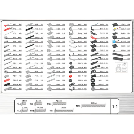 Tablefunny metal model parts list and components diagram, showing screws, nuts, metal plates, and electronic parts included in our 3D puzzle Metal Kits.