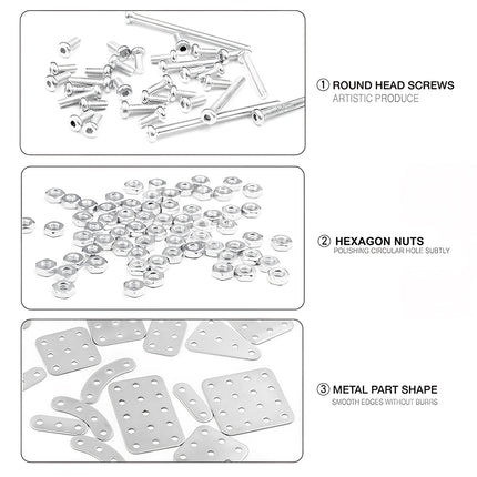 Tablefunny metal model components and parts detail diagram, showcasing round head screws, hexagon nuts, and smooth-edged metal parts from our 3D puzzle Metal Kits.