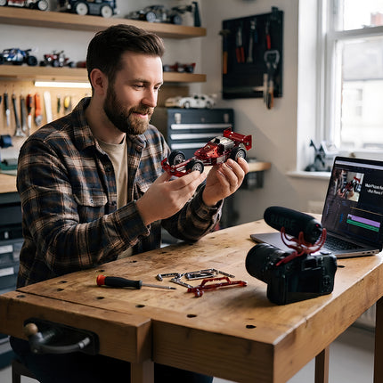 A hobbyist proudly displaying a completed red metal model racing car on a workshop desk filled with DIY tools.