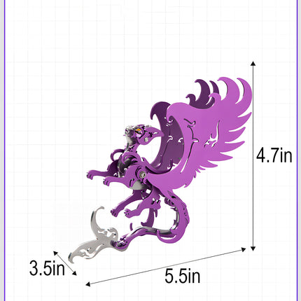A purple and silver mythical cat princess metal model by TableFunny, displaying tabletop product dimensions of 4.7" height, 5.5" length, and 3.5" width. This unique fairy feline 3D puzzle Metal Kits makes a perfect desktop decor.
