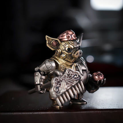 Close-up of Tablefunny mechanical steampunk Pigsy metal model, showing intricate brass gears and cybernetic eye details.