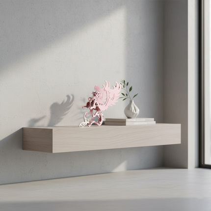 Pink creature steam punk mech metal model on wooden floating shelf for home decor