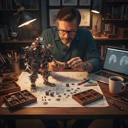 A focused creator assembling a Tablefunny mechanical steampunk Minotaur on a workbench with detailed blueprints, tools, and 3D CAD designs.