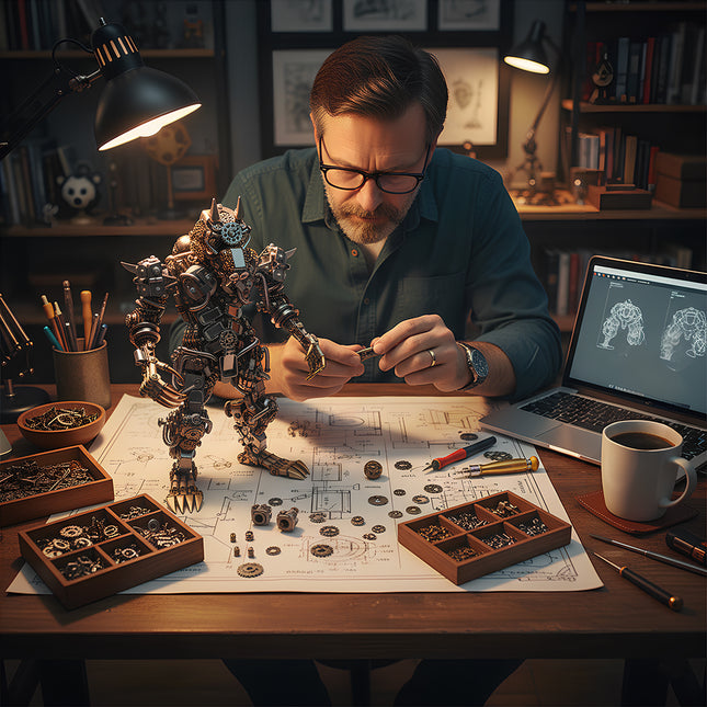 A focused creator assembling a Tablefunny mechanical steampunk Minotaur on a workbench with detailed blueprints, tools, and 3D CAD designs.