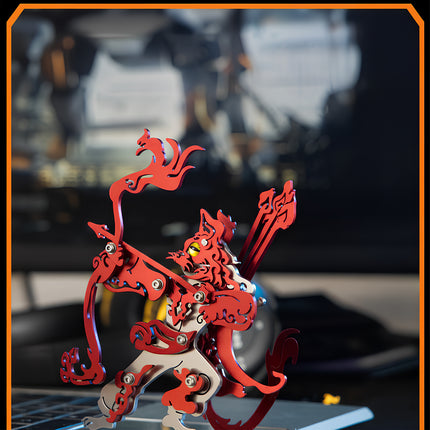 A close-up view of the red mythical cat archer metal model by TableFunny, showcasing its intricate mechanical steampunk pieces. This unique 3D puzzle Metal Kits figurine captures the fierce action of pulling a bow.
