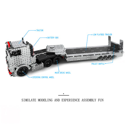 Tablefunny mechanical steampunk semi-trailer truck structure and parts diagram, highlighting 3D puzzle Metal Kits features like the tractor, flatbed trailer, and metal model components.