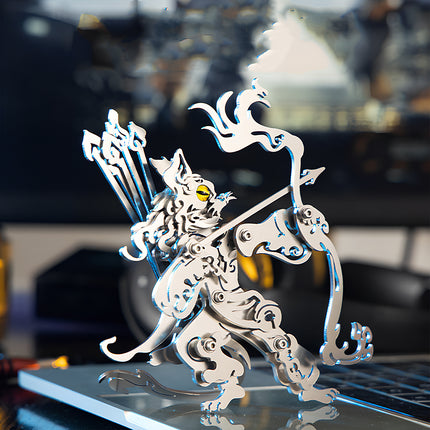 A full side view of the silver mythical cat archer metal model on a laptop by TableFunny. This steam punk mech showcases an dynamic pose with intricate laser-cut edges of the DIY steampunk puzzle.