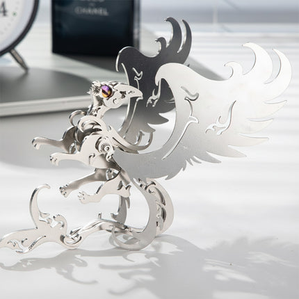 A finished silver mythical cat princess metal model by TableFunny. This intricately crafted steam punk mech design showcases premium laser-cut pieces, offering a challenging and beautiful steampunk puzzle for home decor.