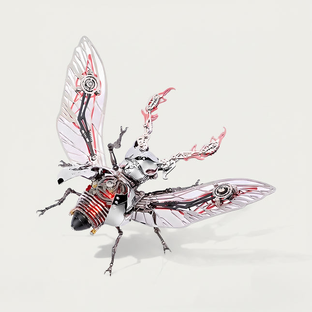Angled view of Tablefunny's silver and red steampunk stag beetle 3D metal puzzle model with spread mechanical wings, red gear accents, extended mandibles and intricate metal legs