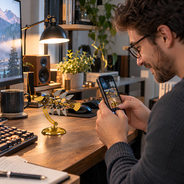 Man taking photo of steam punk mech fish metal model, mechanical steampunk 3D puzzle Metal Kits, steampunk puzzle desktop tabletop decor
