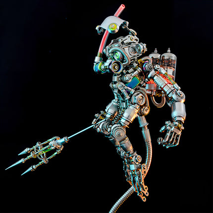 A dynamic steam punk mech metal model wielding a weapon in a striking action pose against a black background.