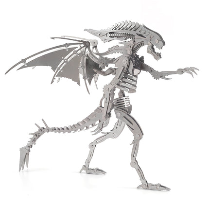 A futuristic steam punk mech metal model featuring an alien dragon design with intricate wings and skeletal structure against a white background.