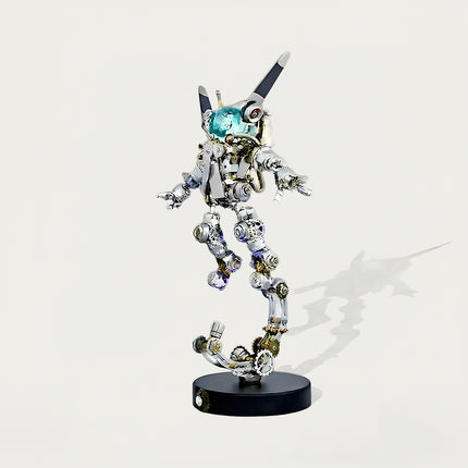 A studio product shot of a steam punk mech metal model designed as a futuristic astronaut with a blue helmet and dynamic hovering pose on a white background.