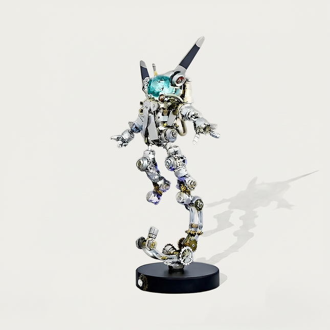 A studio product shot of a steam punk mech metal model designed as a futuristic astronaut with a blue helmet and dynamic hovering pose on a white background.