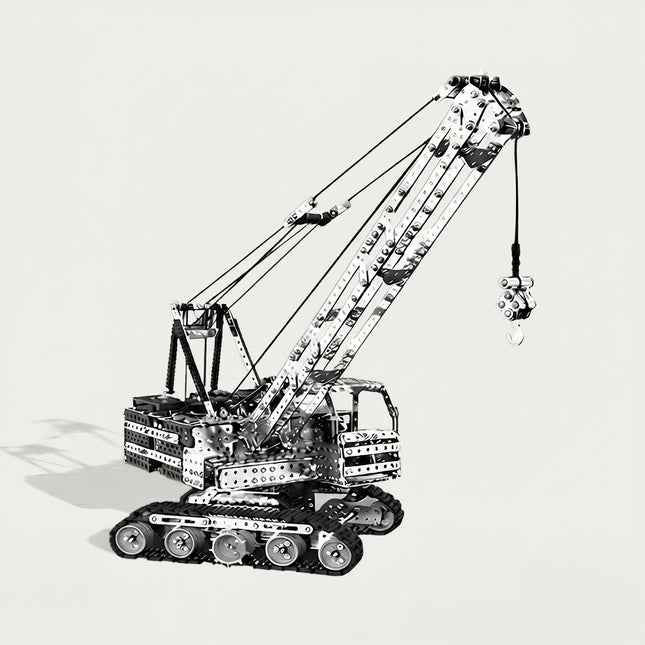 A clean white background product studio shot of a steam punk mech metal model heavy duty crawler crane kit.