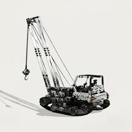 A studio white-background product shot of a steam punk mech metal model tracked crane featuring an intricate lifting boom and hook.