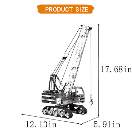 A product size dimension diagram for a steam punk mech metal model heavy duty crane showing height, length, and width measurements in inches.